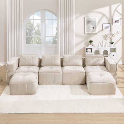 U-förmiges modulares Sofa 4-Sitzer mit 2 Hockern, 32D-Hochdichteschaum, Polyester, Beige OKMYHOME (1/5)