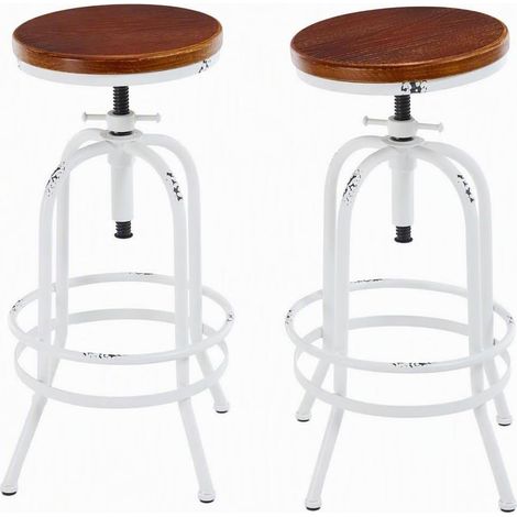 Tabouret de bar réglable en hauteur avec siège rond en bois, pivotant à 360°, cadre en métal blanc vieilli, style industriel, assise de 33 cm, hauteur 66-81 cm (1/5)