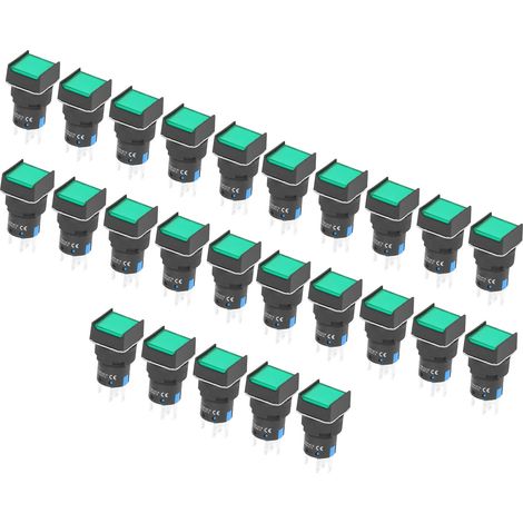 25 interrupteurs poussoirs à verrouillage automatique, carrés, avec voyant, 16mm, 220V, vert, lot de 25 (1/5)