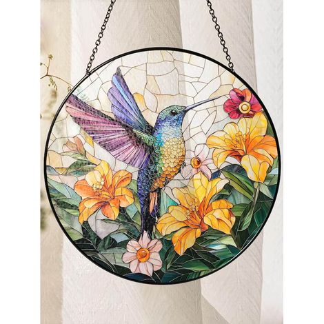 Attrape-soleil vitrail colibri 9 cm, décoration fenêtre florale