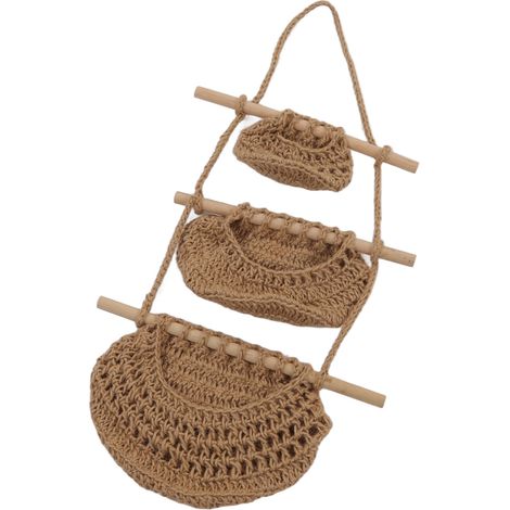 Hängender Obstkorb, 3-stöckig, Wandmontage, handgefertigt aus Hanfseil und Holz, 3-stöckiger Hängekorb für Spielzeug, Haustiere, Plüschtiere und Puppen (1/5)