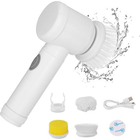 Brosse de nettoyage électrique rechargeable, frotteur rotatif sans fil étanche avec 4 têtes de rechange pour cuisine, baignoire, évier, coins, fenêtre, WC, vitres (1/5)