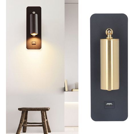 Aplique de pared LED con interruptor, cargador USB, diseño minimalista en negro y dorado, iluminación ambiental para mesita de noche 85-265V (1/5)