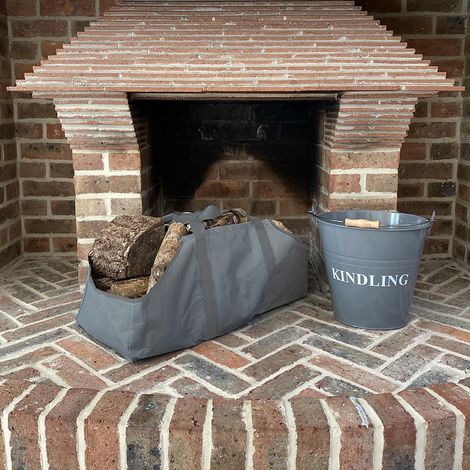 Fireside Kindling Bucket in French Grey with Canvas Log Carrier Bag (1/5)