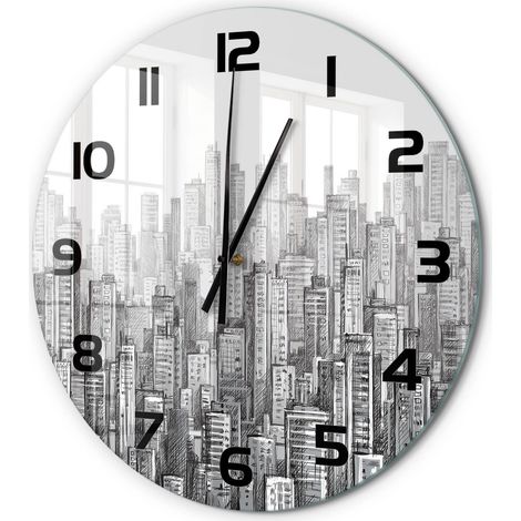 Horloge Murale Ronde Décoration Maison Verre Trempé Style Contemporain Gratte-ciel fi 60 cm (1/5)