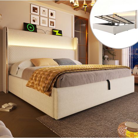 Cama hidráulica 180x200 cm con LED, almacenaje, USB/Type-C, beige OKMYHOME (1/5)