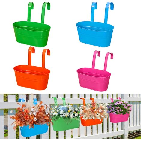 4pcs Pot de fleurs, Métal. Double crochet, Trou de drainage, Balcon Jardin