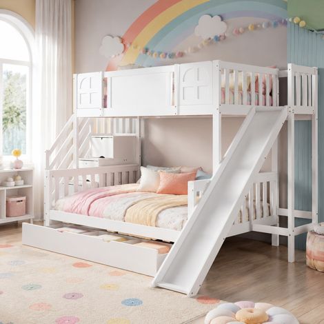 Cama alta infantil con tobogán, escalera de almacenamiento, cajón, blanco HAVRYA (1/5)