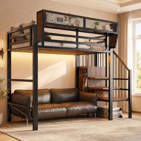 Cama alta 255x95x191 cm con LED, escalera de seguridad y estantería flexible, metal, negro (1/5)