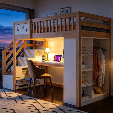 Lit mezzanine 90x200 cm en bois blanc/naturel, bureau, gain de place, sans matelas – MEUBLIV (1/5)