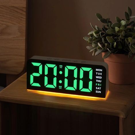 Réveil numérique LED avec grands chiffres, puissant et lumineux, minuteur 12/24 heures, 2 alarmes, port USB, fonction snooze, luminosité réglable et affichage de la température (lumière verte) (1/5)