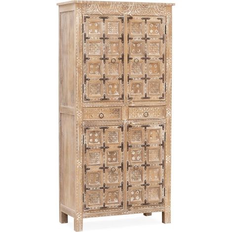 Armoire de salon ALAMBIA – Bois massif de manguier blanchi – 4 portes 2 tiroirs – 110cm (1/3)
