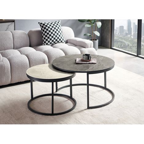Deco In Paris – Lot de 2 tables basses rondes gigognes effet marbre noir et blanc – Dimensions 80 cm et 60 cm – Structure métal et plateau MDF