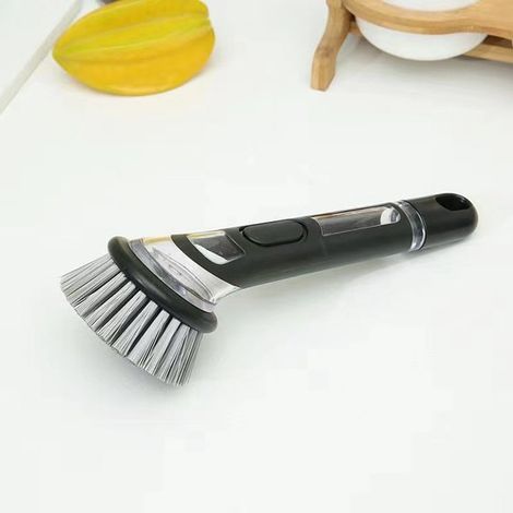 Spazzola da cucina rimovibile in plastica trasparente con setole in PET e dispenser di sapone integrato, ideale per pentole, padelle e altre operazioni di pulizia. (1/4)