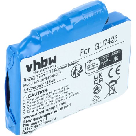 vhbw Akku Ersatz für Glovii GLI7426, GLP7421 für beheizbare Handschuhe (2000 mAh, 7,4 V, Li-Ion)