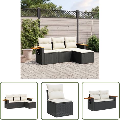 The Living Store Salon de jardin 4 pcs avec coussins noir résine tressée - Ensemble Salon De Jardin - Meuble De Jardin - Mobilier Extérieur - Résine Tressée - Rotin Synthétique (1/5)