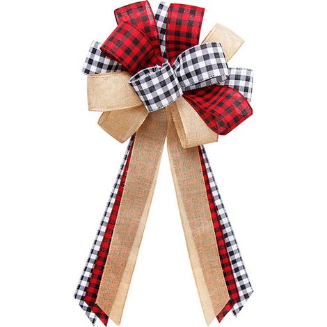 Une décoration de sapin de Noël de style classique vintage avec un nœud en ruban bordé de lin de soie, convenant à une décoration de style ferme rustique (carreaux de buffle/rouge).
