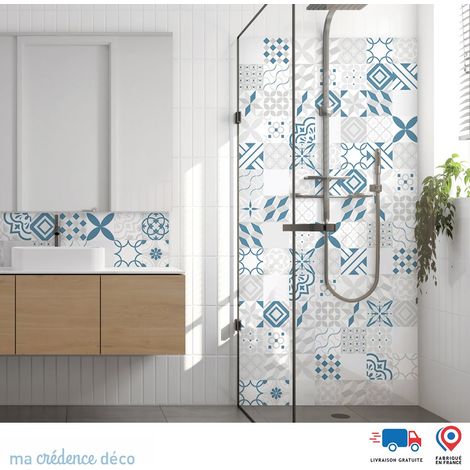 Panneau de douche : Carreaux ciment gris et couleurs - Couleur Bleu pastel - Alu composite - 90 - 245 (1/3)