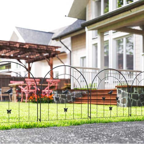 Gartenzaun 300x70 cm schwarz aus Stahl mit Schmetterlings- und Vogelmotiv, 5-teilig (1/5)