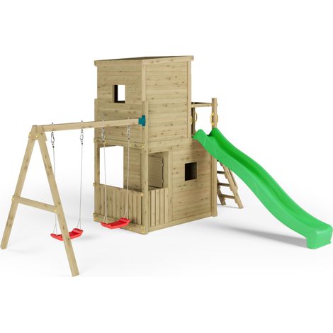 Casetta parco giochi in legno Fungoo Lofter 2S con scivolo, due altalene e parete arrampicata (1/5)
