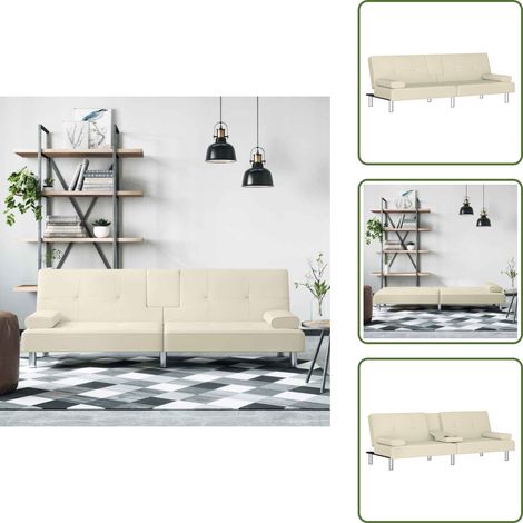 The Living Store Sofá cama con portavasos cuero sintético color crema - Sofá cama con portavasos