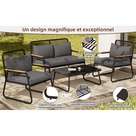 Set de salon et de meubles pour 4 personnes. Le cadre est fait de fer en zinc. La surface du plateau est en verre durci. Les pieds peuvent être ajustés à la volonté. (1/5)