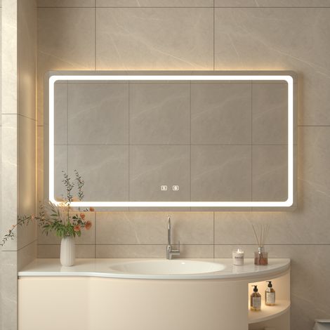 Miroir Salle de Bain 120 x 70cm, Anti-Buée, 3000K-6500K,Dimmable, Mémoire, Verre Trempé, IP44, Miroir Lumineux LED, Interrupteur Tactile, Horizontal/Vertical