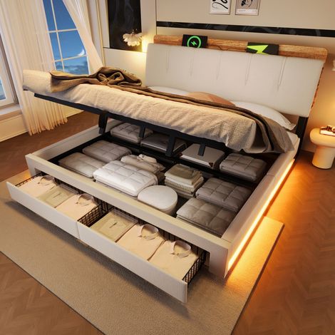 Lit Coffre 180x200 - Lit Double 180x200cm - Cadre de Lit 180x200cm avec USB/Type-C, LED App et Tiroirs Latéraux - Lin Beige (1/5)