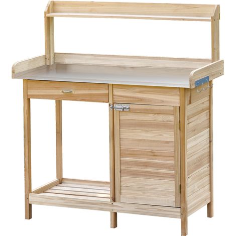 Table de jardinage avec 2 étagères, tiroir, placard et plateau en tôle d'acier galvanisé pour rempotage (1/5)