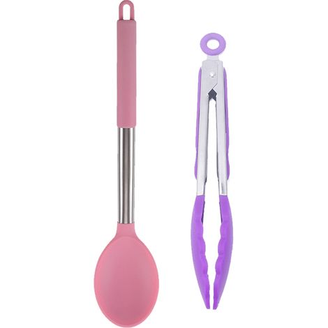 Ensemble de 2 ustensiles de cuisine en silicone, manche en acier inoxydable coloré, résistants à la chaleur (1/5)