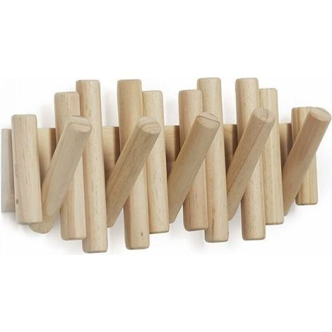 Wall mounted coat rack with 5 hooks, natural wood, 37.1 x 16.5 x 4.4 cm (1/5)