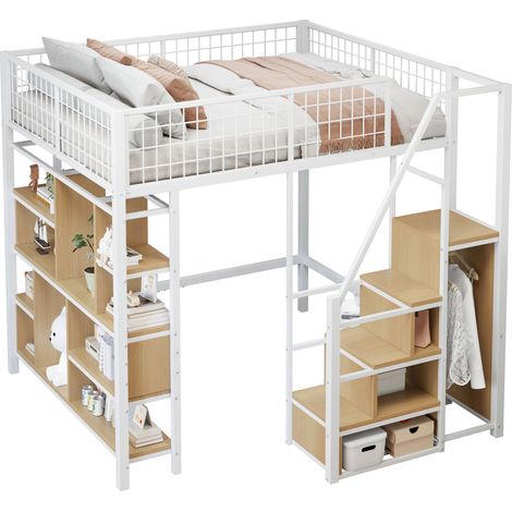 Lit mezzanine 140 x 200 cm avec escalier de rangement, structure en métal et bois, blanc, pour petit espace, chambre ado ou adulte, style moderne  CHICFURN (1/5)
