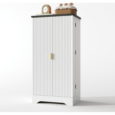 Armoire haute de cuisine blanche MDF 120×60,5×40 cm deux portes à rainures poignées dorées, éclairage LED automatique à l’ouverture, étagères modulables et rangement à épices pour cuisine salle à mang (1/5)