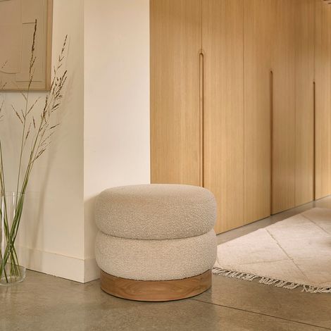 Pouf en teck massif et tissu bouclette 55 cm (1/5)