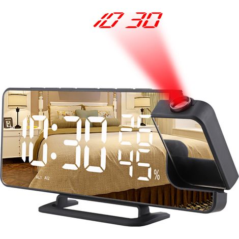 Réveil Projecteur LED Miroir Numérique Noir ABS avec Radio FM, Température, Humidité, 2 Alarmes et Luminosité Réglable (1/5)