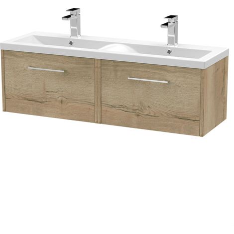 Winshill Contemporary 2 Drawer Wall Hung Vanity Unit with Double Basin, Light Oak, 1200mm