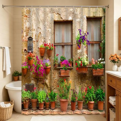 Rideau de Douche Style Ferme Jardin Plantes Vertes Italiennes Vintage Impression 3D scène méditerranéenne Grèce décoration de Salle de Bain Tissu Polyester avec Crochets (228,6 x 178,8 cm) (1/5)