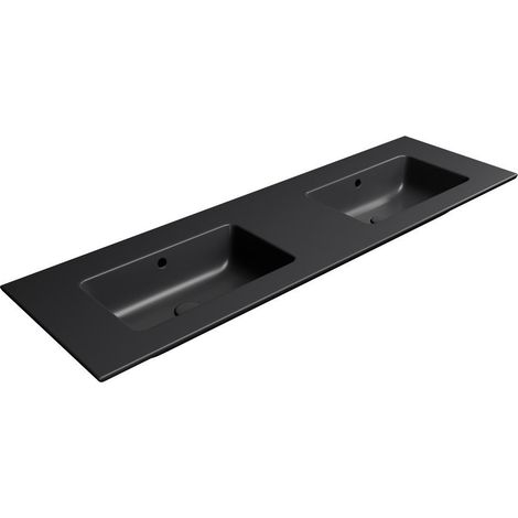 PURA vasque double en céramique Slim 142x46cm, sans trou pour robinetterie, noir mat (1/2)