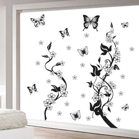 Sticker Mural - Vigne De Fleurs Et Papillons - PVC Non Toxique - 98 x 105 cm - 1 Pièce (1/3)