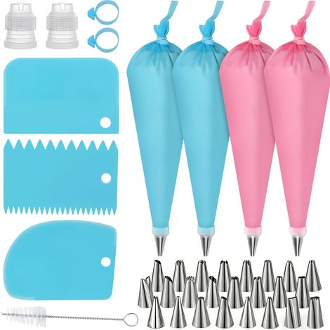 Lot de 36 poches à douille et douilles avec 4 poches à douille réutilisables de 30,5 cm, 24 kits de douilles en acier inoxydable, 2 coupleurs, 2 attaches pour sac, 3 grattoirs à gâteau et brosse de (1/5)