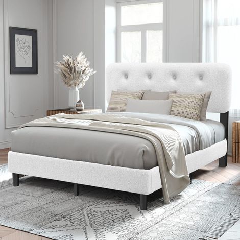 Lit 160x200 cm (2 places) à Sommier Lattes, Cadre Capitonnné Tête de Lit,Blanc,Style Moderne, Structure Solide, Confort Optimal, Adultes/Ados (Sans Matelas) (1/5)
