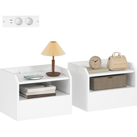 HOMCOM juego de 2 mesitas de noche flotantes con estación de carga, mesillas de noche dormitorio, cajón, estante abierto, 40x29x29 cm, blanco