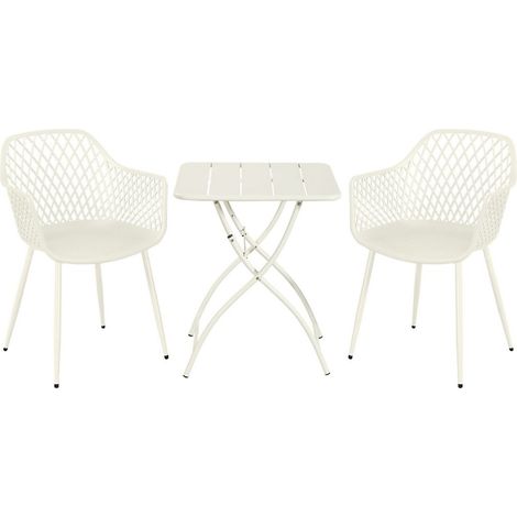 3 Piece Bistro Garden Set with 2 Lattice Armchairs and Square Folding Table - Plastic/Metal - L42.5 X W56.5 X H84.5 cm - White - Flat Packed