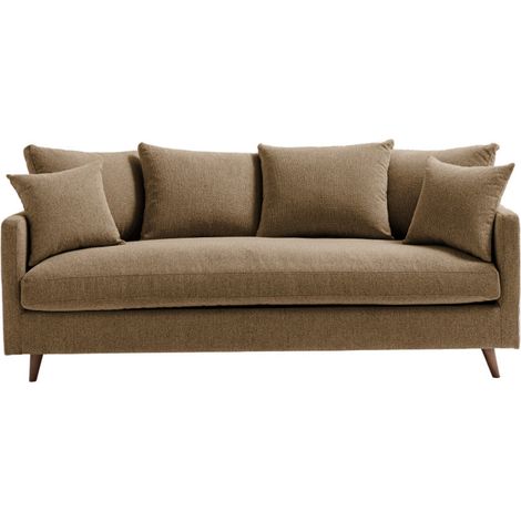 Canapé convertible 3 places en tissu pieds bois foncé - Caramel chiné - Villabon (1/5)