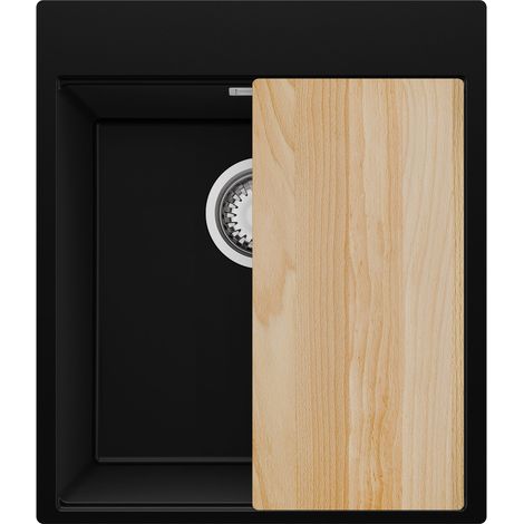 PRIMAGRAN Evier Cuisine en Granit 43x50cm,Lavabo 1 bac + Kit de Vidage + Planche à Découper, Évier à Encastrer au meuble 45cm - Oslo, Noir (1/5)