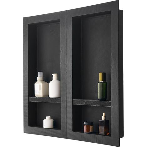 Niche Encastrable Salle de Bain, 40,6x81,3 cm + 40,6x81,3 cm, Niche Douche Murale Étagères Organisateur de Rangement Moderne, pour Stockage de Savon, Shampoing, Douche, Salle de Bains, Noir (1/5)