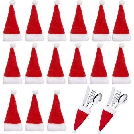 Lot de 30 porte-couverts en forme de chapeau de Père Noël, avec pochette de rangement pour couteaux, fourchettes et cuillères, idéal pour décorer la table lors des fêtes de Noël. (1/5)