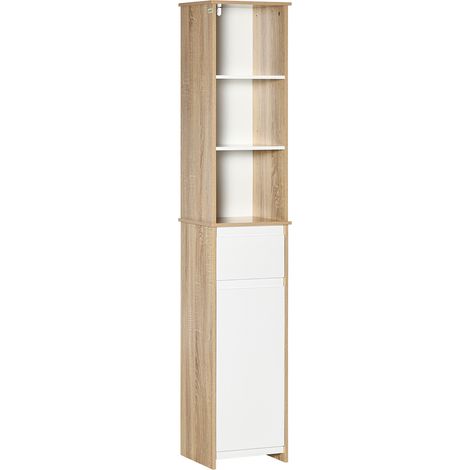 Beyamis Badezimmerschrank mit Säulenaufbewahrung, gemütlicher Stil, 3 Fächer, 1 Schublade, Schrank mit Ablage, Weiß, helle Eichenoptik