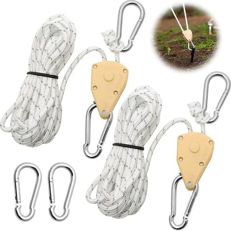 2 Pièces Corde à Cliquet Réglable 4M, Poulie à Cliquet Blanc 1/8 avec 2 Replacement Crochets, Tendeur de Corde à Cliquet Réfléchissante pour Lampe Plantes Tente Randonnée (1/5)