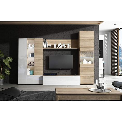 Meuble de Salon TV avec étagère éclairage LED, Salon, Bois, Base téléviseur, Salle à Manger, Design Moderne, 260 x 185 x 42 cm, Couleur Blanc Brillant et chêne (1/5)